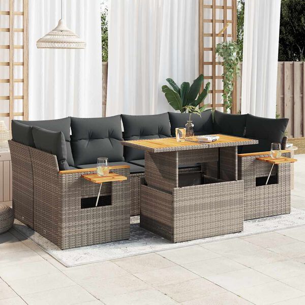 vidaXL 7-tlg. Garten-Sofagarnitur mit Kissen Grau Poly Rattan Akazie