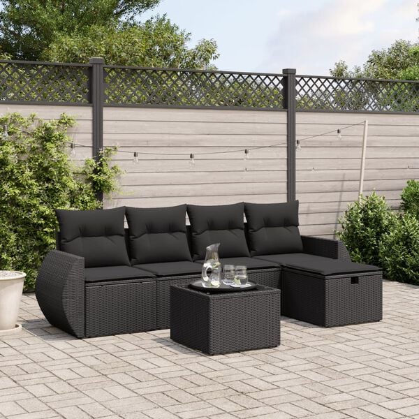 vidaXL 5-tlg. Garten-Sofagarnitur mit Kissen Schwarz Poly Rattan