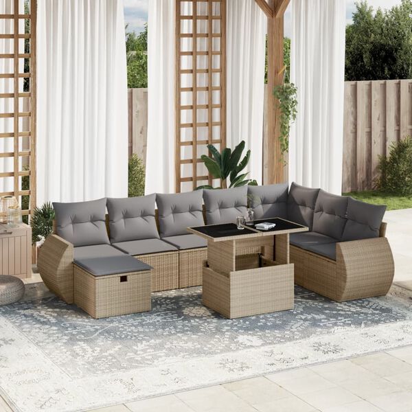 vidaXL 9-tlg. Garten-Sofagarnitur mit Kissen Beige Poly Rattan