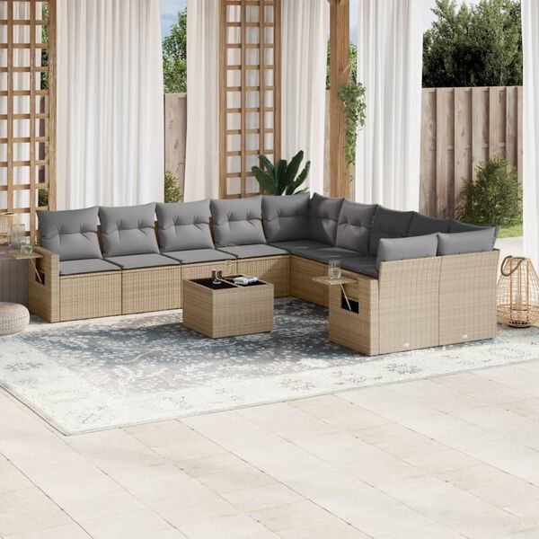 vidaXL 11-tlg. Garten-Sofagarnitur mit Kissen Beige Poly Rattan