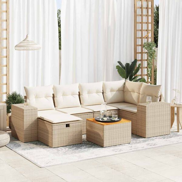 vidaXL 7-tlg. Garten-Sofagarnitur mit Kissen Beige Poly Rattan