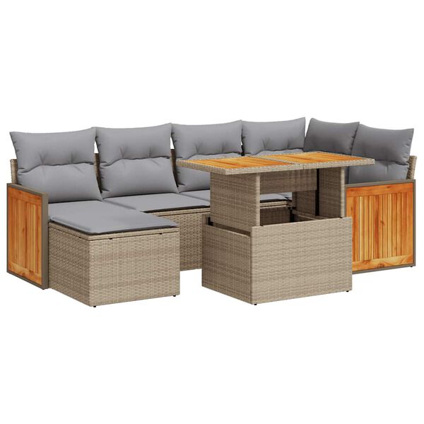 vidaXL 7-tlg. Garten-Sofagarnitur mit Kissen Beige Poly Rattan Akazie