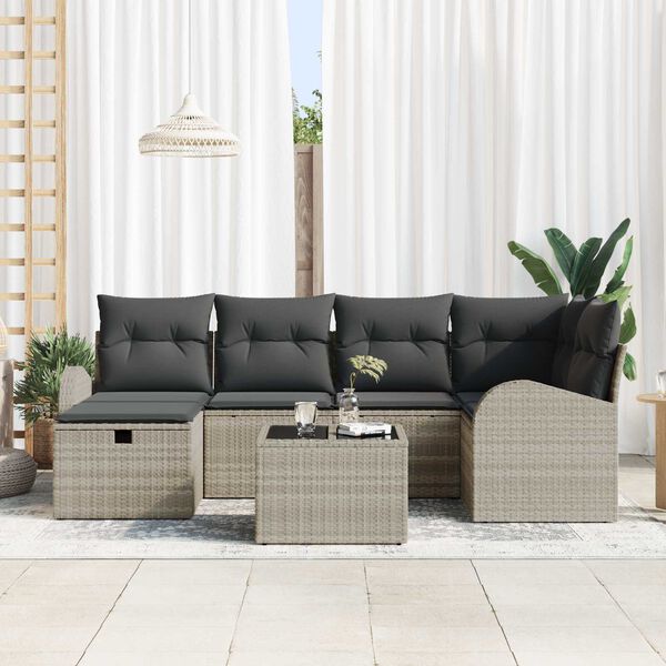 vidaXL Sofa Set mit Kissen mit Speicher 7 pcs Hellgrau Poly-Rattan