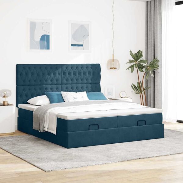 vidaXL Ottoman-Bett mit Matratzen & LEDs Dunkelblau 160x200 cm Samt