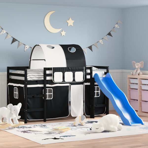 vidaXL Kinderhochbett mit Tunnel Wei&szlig; & Schwarz 90x190 cm Kiefernholz
