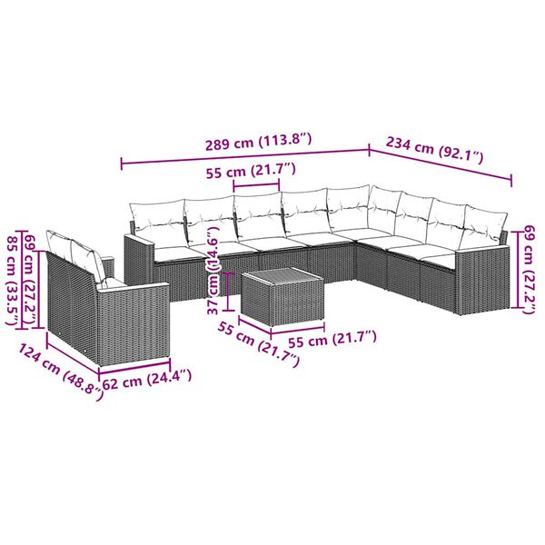 vidaXL 11-tlg. Garten-Sofagarnitur mit Kissen Schwarz Poly Rattan