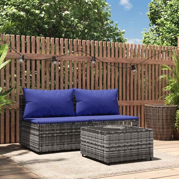 vidaXL 3-tlg. Garten-Lounge-Set mit Kissen Grau Poly Rattan