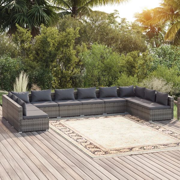 vidaXL 10-tlg. Garten-Lounge-Set mit Kissen Poly Rattan Grau