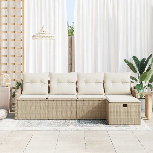 vidaXL Garten-Sofa-Set mit Kissen mit Speicher 5 pcs Beige Poly Rattan