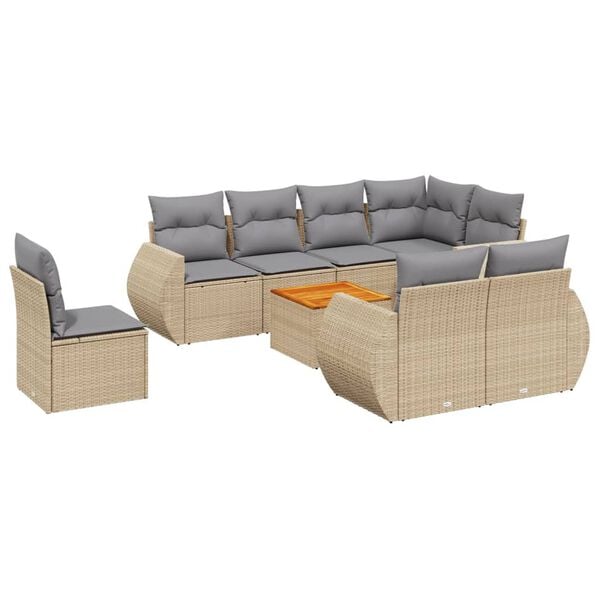 vidaXL 9-tlg. Garten-Sofagarnitur mit Kissen Beige Poly Rattan