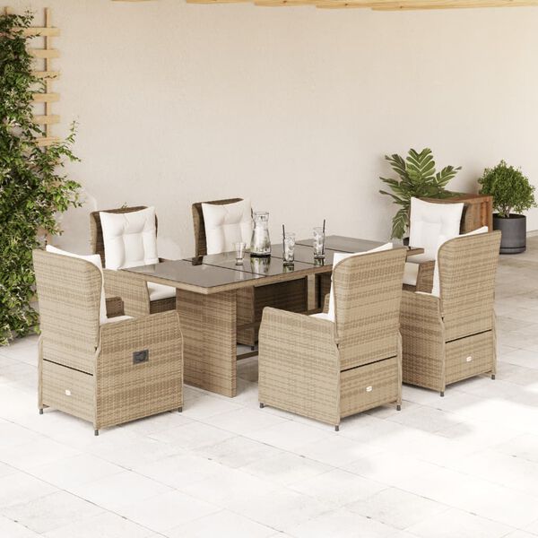 vidaXL 7-tlg. Garten-Essgruppe mit Kissen Beige Poly Rattan