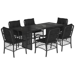 vidaXL 7-tlg. Garten-Essgruppe mit Kissen Schwarz Poly Rattan