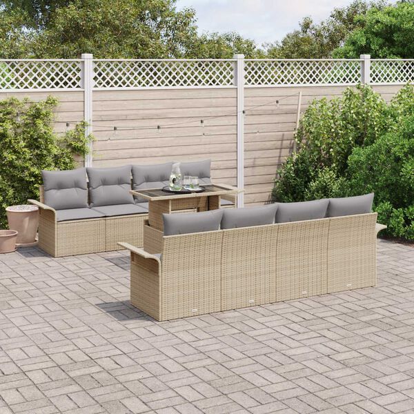 vidaXL Garten-Sofa-Set mit Kissen mit Speicher 9 pcs Beige Poly Rattan