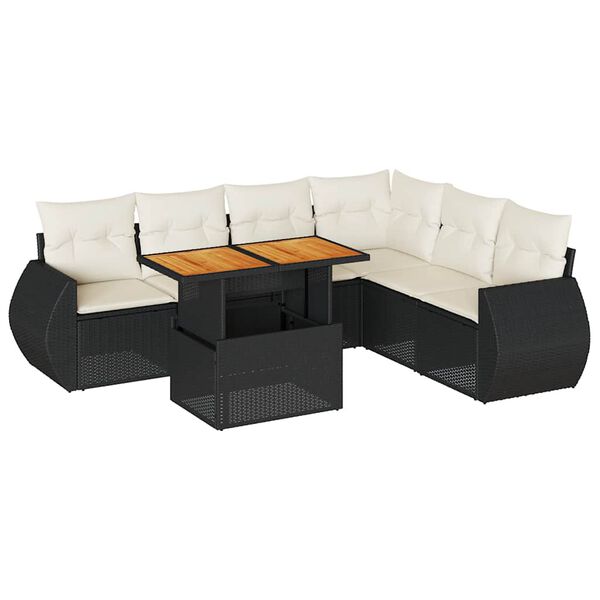 vidaXL 7-tlg. Garten-Sofagarnitur mit Kissen Schwarz Poly Rattan