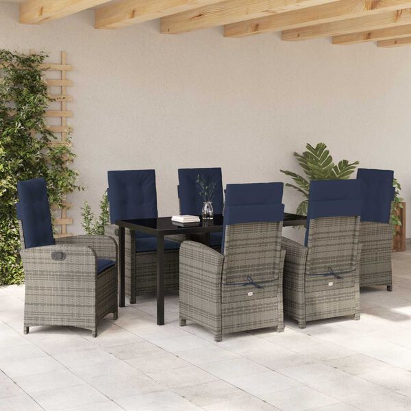 vidaXL Garten Essgruppe mit Kissen 7 pcs Grau Poly-Rattan