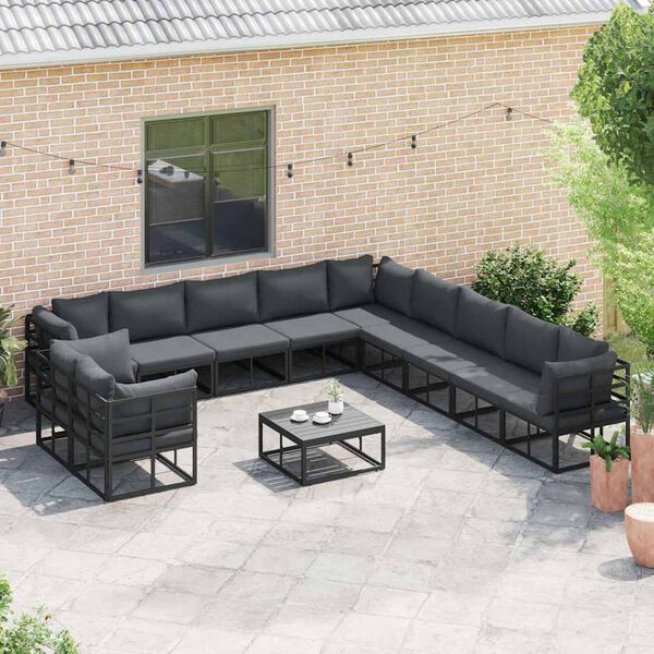 vidaXL Garten-Sofa-Set mit Kissen Schwarz Aluminium