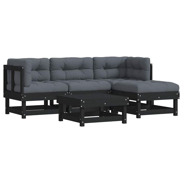 vidaXL 5-tlg. Garten-Lounge-Set mit Kissen Schwarz Massivholz