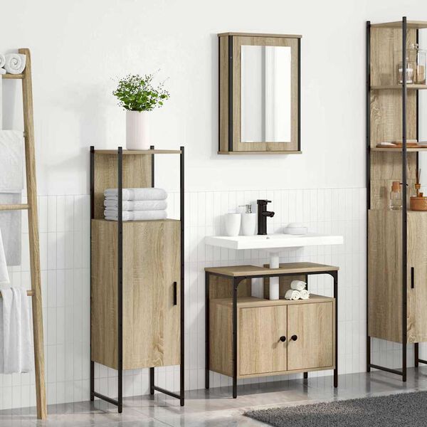 vidaXL Badezimmerm&ouml;bel-Set mit Regal mit T&uuml;r 3 pcs Braun Holzwerkstoff