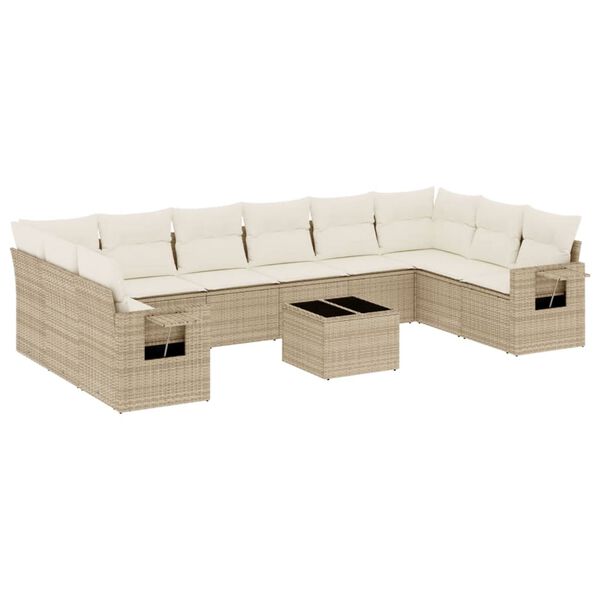 vidaXL 11-tlg. Garten-Sofagarnitur mit Kissen Beige Poly Rattan