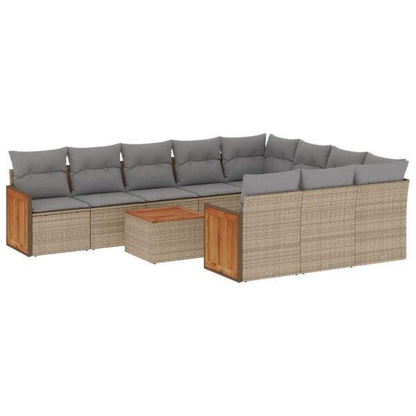 vidaXL 11-tlg. Garten-Sofagarnitur mit Kissen Beige Poly Rattan