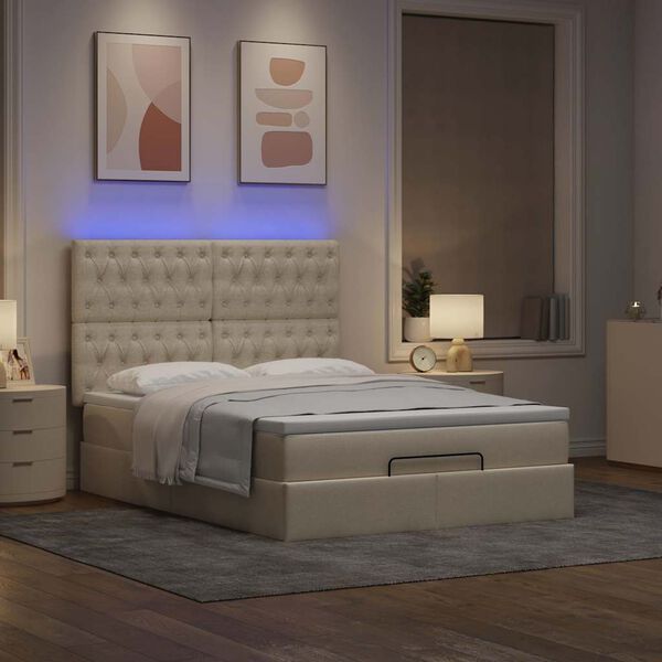 vidaXL Ottoman-Bett mit Matratze & LEDs Creme 140x190 cm Stoff