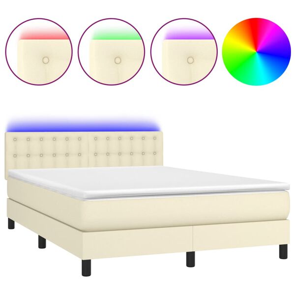 vidaXL Boxspringbett mit Matratze & LED Creme 140x190 cm Kunstleder