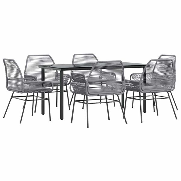 vidaXL 7-tlg. Garten-Essgruppe mit Kissen Grau Poly Rattan Glas