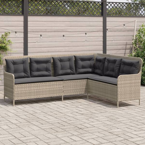 vidaXL Gartensofa in L-Form mit Kissen Hellgrau Poly Rattan