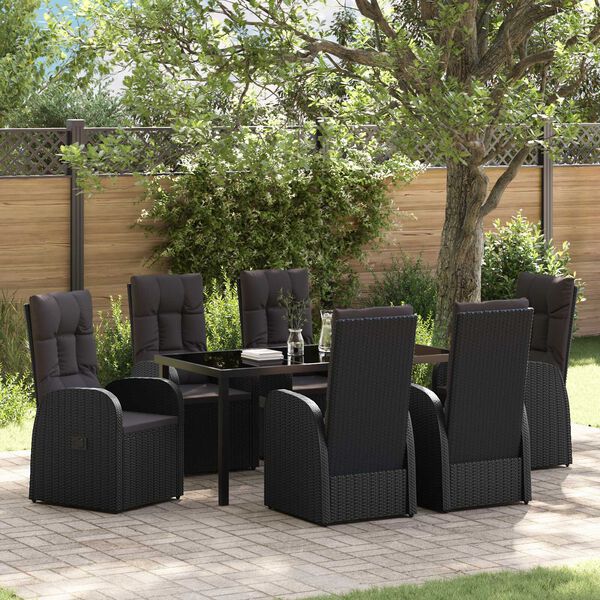 vidaXL Garten Essgruppe mit Kissen 7 pcs Schwarz Poly-Rattan