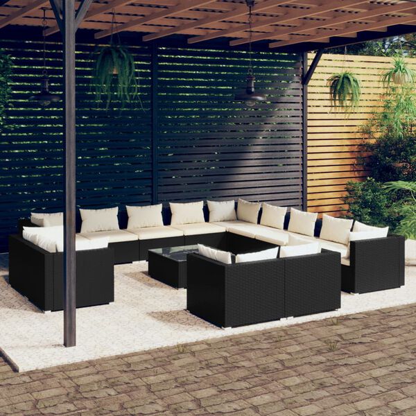 vidaXL 14-tlg. Garten-Lounge-Set mit Kissen Schwarz Poly Rattan