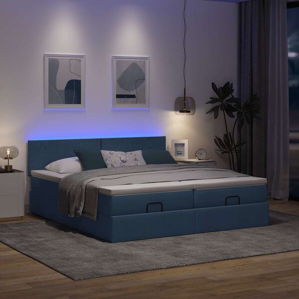 vidaXL Ottoman-Bett mit Matratzen & LEDs Blau 200x200 cm Stoff