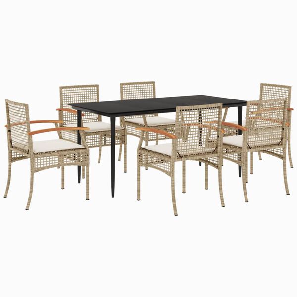 vidaXL 7-tlg. Garten-Essgruppe mit Kissen Beige Poly Rattan