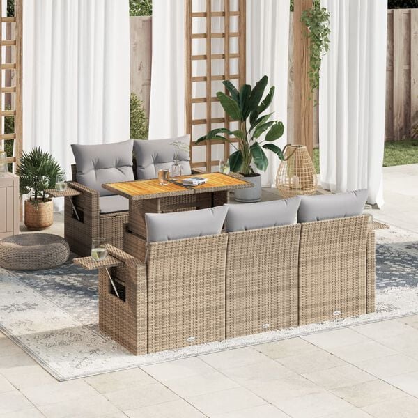 vidaXL 6-tlg. Garten-Sofagarnitur mit Kissen Beige Poly Rattan