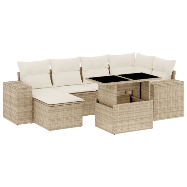 vidaXL 7-tlg. Garten-Sofagarnitur mit Kissen Beige Poly Rattan