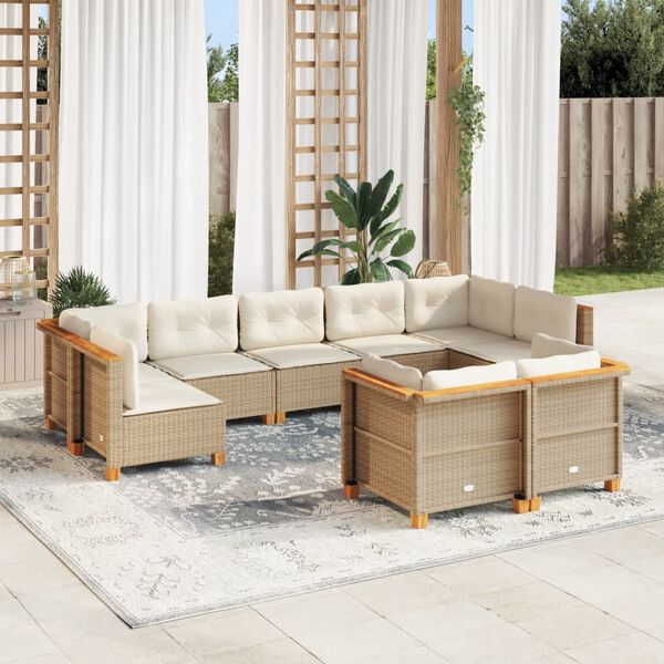 vidaXL 9-tlg. Garten-Sofagarnitur mit Kissen Beige Poly Rattan