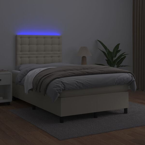 vidaXL Boxspringbett mit Matratze & LED Creme 120x200 cm Kunstleder
