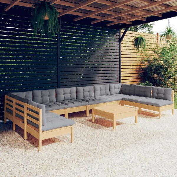 vidaXL 11-tlg. Garten-Lounge-Set mit Grauen Kissen Kiefer Massivholz