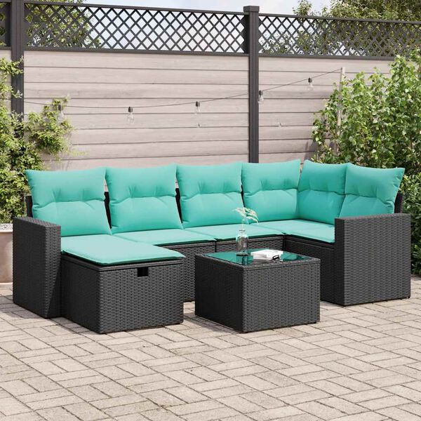 vidaXL 7-tlg. Garten-Sofagarnitur mit Kissen Schwarz Poly Rattan