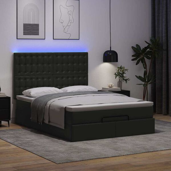 vidaXL Ottoman-Bett mit Matratze & LEDs Schwarz 140x200 cm Kunstleder