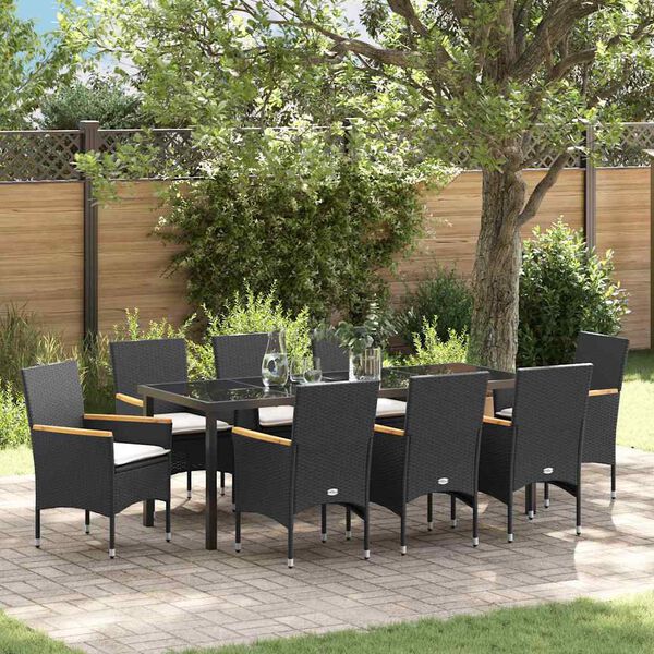vidaXL Garten Essgruppe mit Kissen 9 pcs Schwarz Poly-Rattan