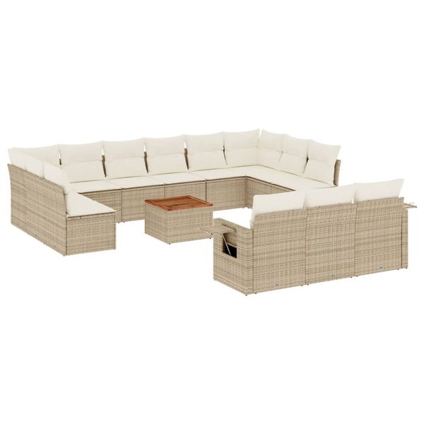 vidaXL 14-tlg. Garten-Sofagarnitur mit Kissen Beige Poly Rattan