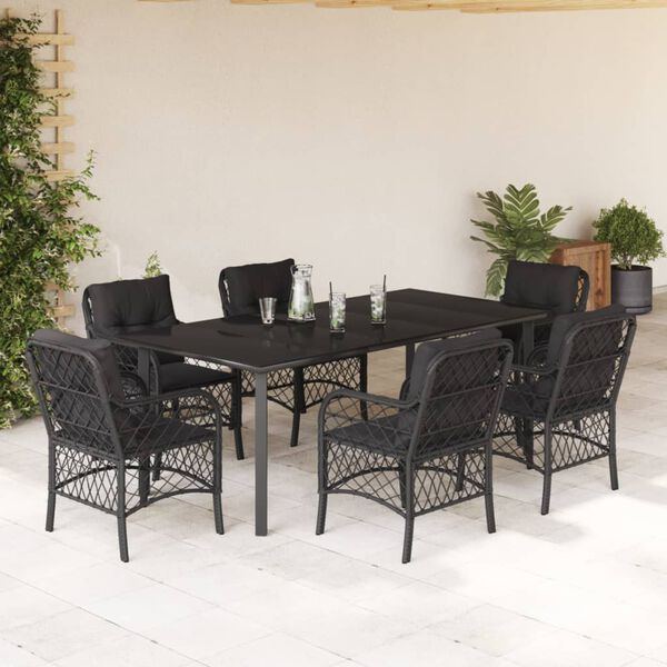 vidaXL 7-tlg. Garten-Essgruppe mit Kissen Schwarz Poly Rattan