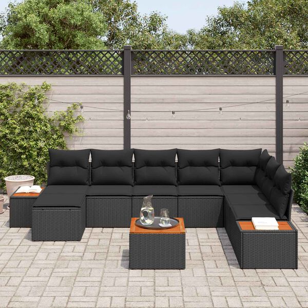 vidaXL Gartensofa-set mit Kissen mit Speicher 9 pcs Schwarz Polyrattan