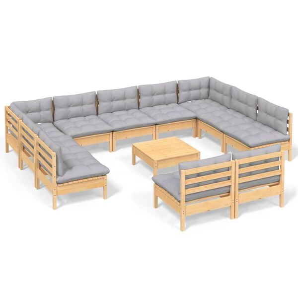 vidaXL 12-tlg. Garten-Lounge-Set mit Grauen Kissen Kiefer Massivholz