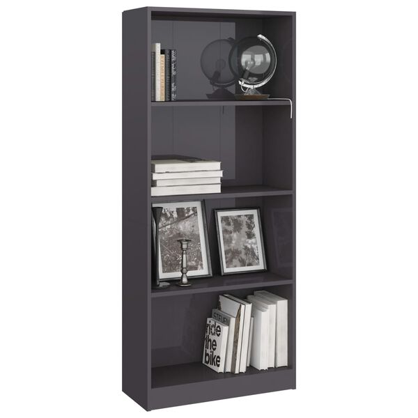 vidaXL B&uuml;cherregal 4 F&auml;cher Hochglanz-Grau 60x24x142 cm Holzwerkstoff