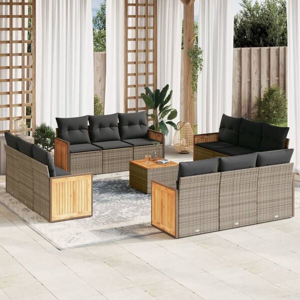 vidaXL 13-tlg. Garten-Sofagarnitur mit Kissen Grau Poly Rattan