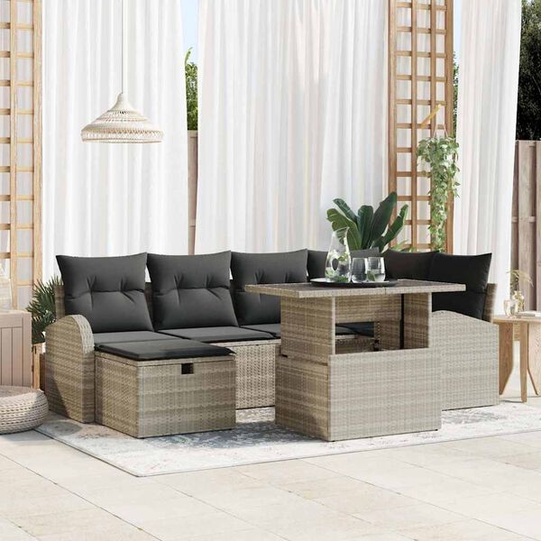 vidaXL Garten-Sofa-Set mit Kissen 7 pcs Hellgrau Poly Rattan