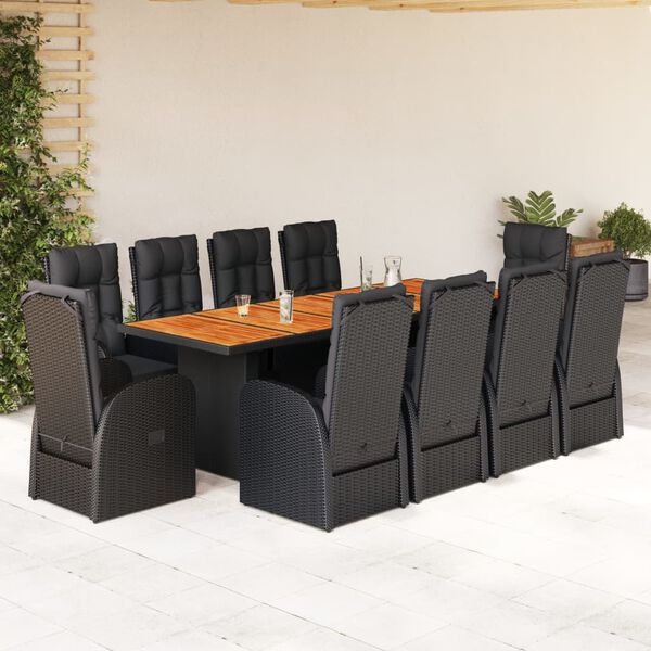 vidaXL 11-tlg. Garten-Essgruppe mit Kissen Schwarz Poly Rattan