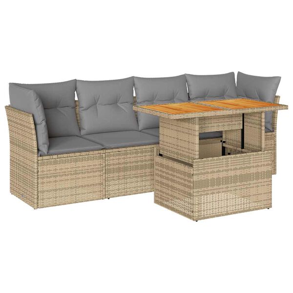 vidaXL 5-tlg. Garten-Sofagarnitur mit Kissen Beige Poly Rattan