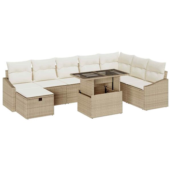 vidaXL Garten-Sofa-Set mit Kissen mit Speicher 9 pcs Beige Poly Rattan
